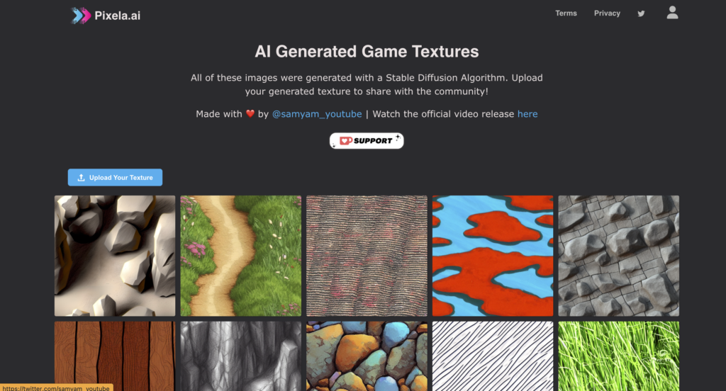 Pixela.ai page showcasing AI-generated game textures, including stone, grass, wood, and scale textures, created using Stable Diffusion algorithms.